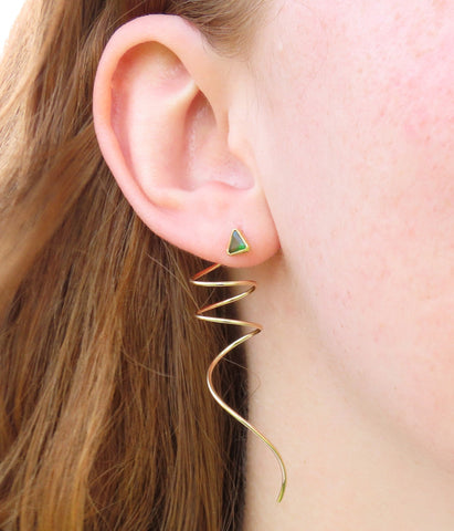 14k Yellow Gold Triangular Green Tsavorite Garnet Spiral Threader Earrings