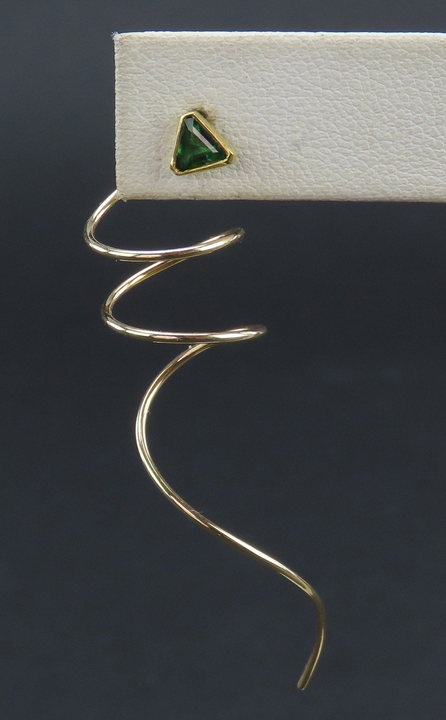 14k Yellow Gold Triangular Green Tsavorite Garnet Spiral Threader Earrings