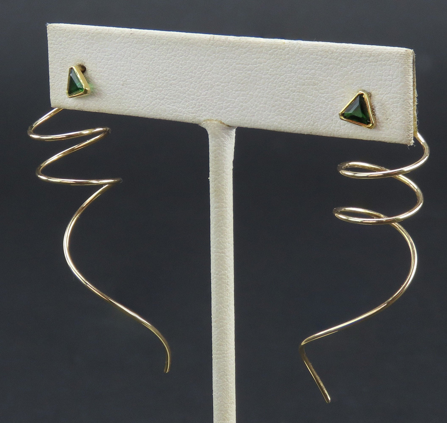 14k Yellow Gold Triangular Green Tsavorite Garnet Spiral Threader Earrings