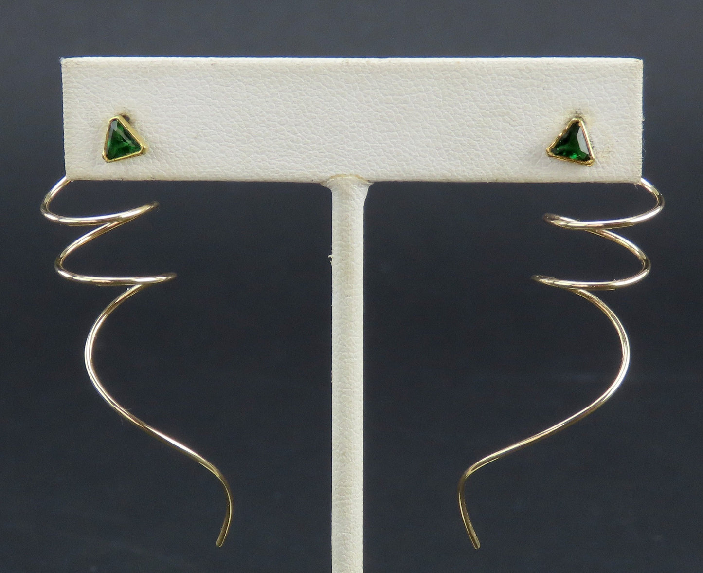 14k Yellow Gold Triangular Green Tsavorite Garnet Spiral Threader Earrings