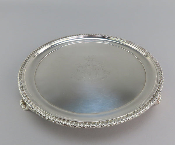 1823 English Sterling Silver Small Round Tray Robinson Crest Motto 8" Diameter