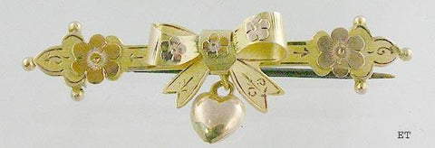 Hand Crafted 9k Yellow Gold 1800s Victorian Flower Bow Heart Dangle Bar Pin