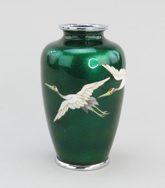 1920s/30s Japanese Cloisonné Translucent Green Enamel Vase with Cranes 4 7/8"