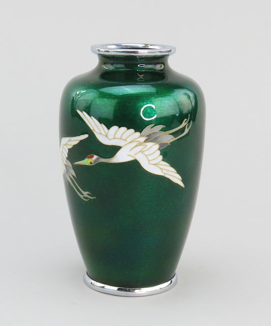 1920s/30s Japanese Cloisonné Translucent Green Enamel Vase with Cranes 4 7/8"