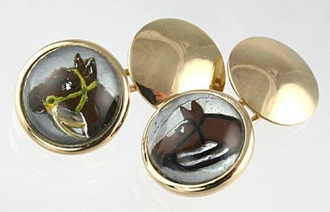 14k yellow gold cufflinks with intaglio or "cooks crystal" painted horse head detail.