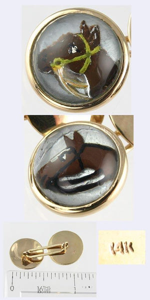 14k Yellow Gold Cooks Crystal Intaglio Painted Horse Head Cufflinks