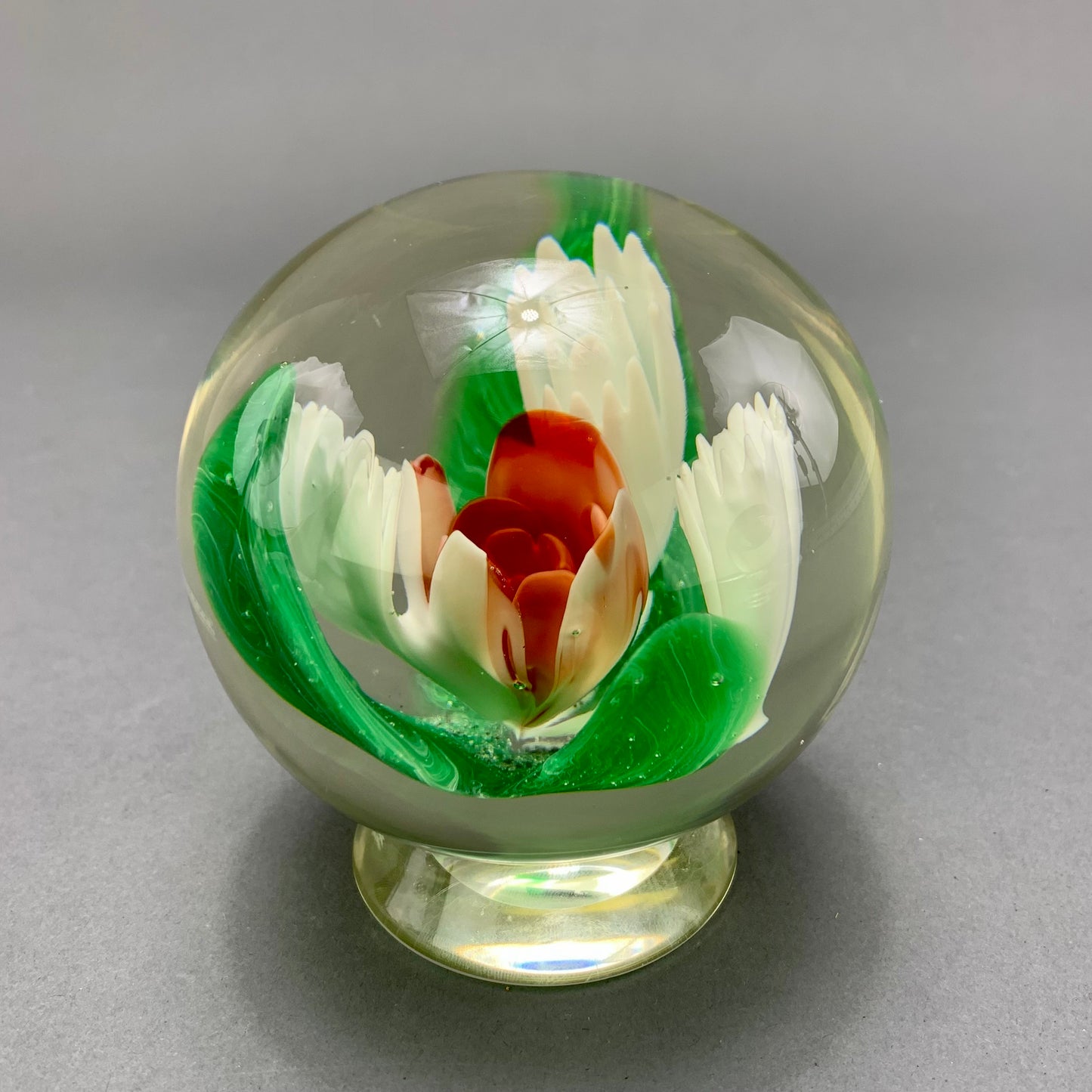 Sweet Hand-Blown Pedestal Paperweight Red and White Flowers