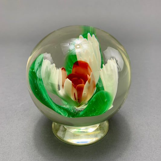 Sweet Hand-Blown Pedestal Paperweight Red and White Flowers