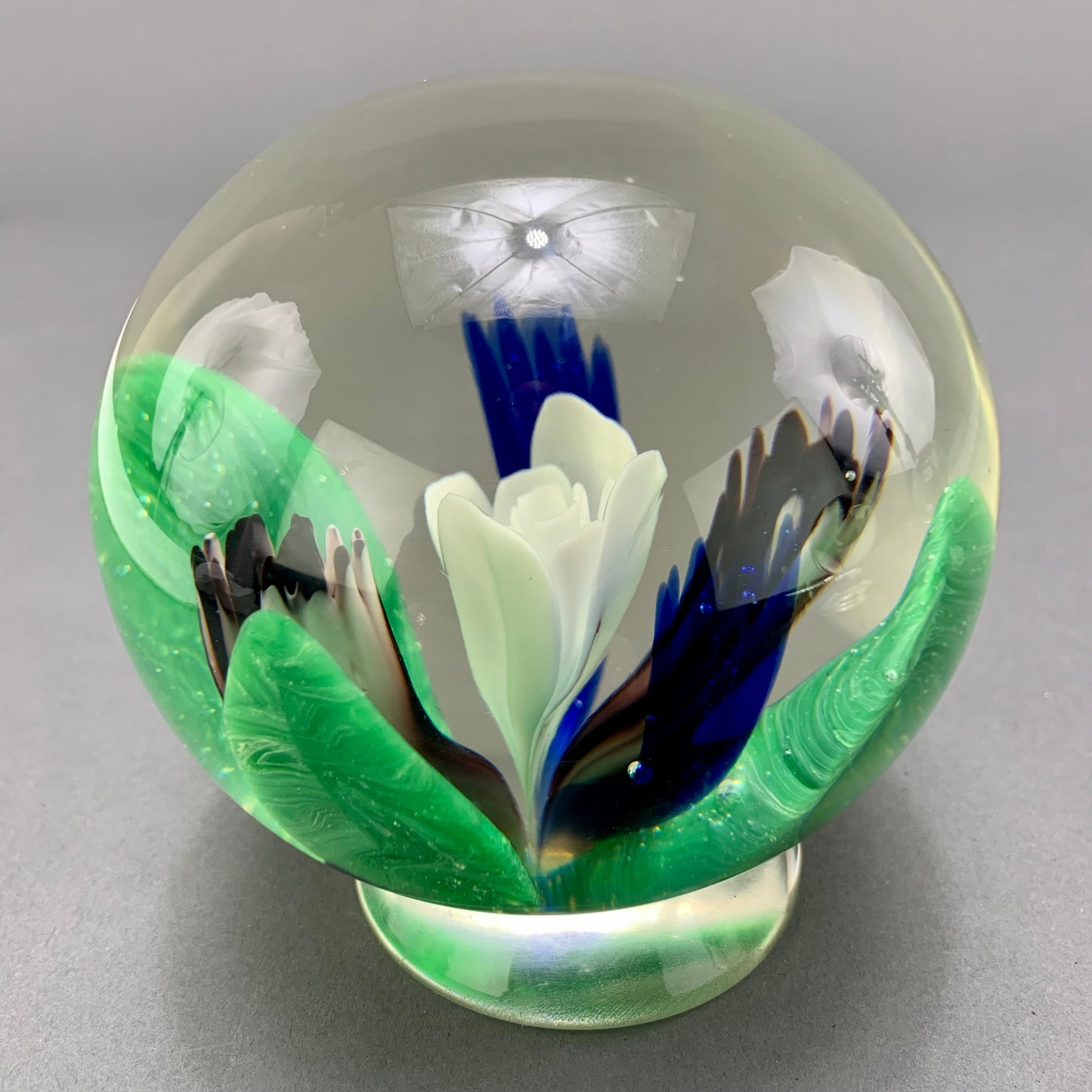 Neat Hand-Blown Pedestal Paperweight White Violets Blue Flowers
