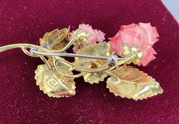 Lovely Italian 18k Yellow Gold Enamel Rose Floral Pin Brooch