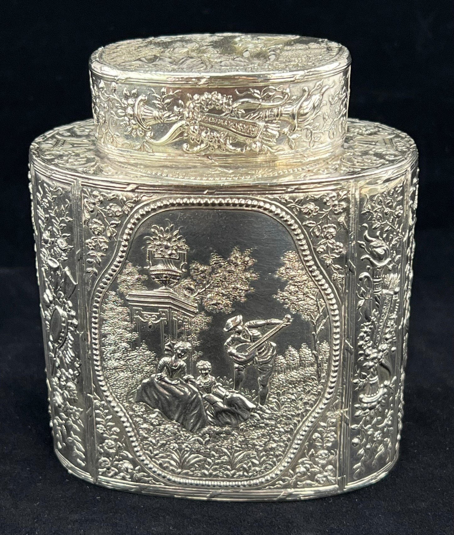 Ornate Late 1800s Hanau German Genre Scene Chased Bottle Form Tea Caddy