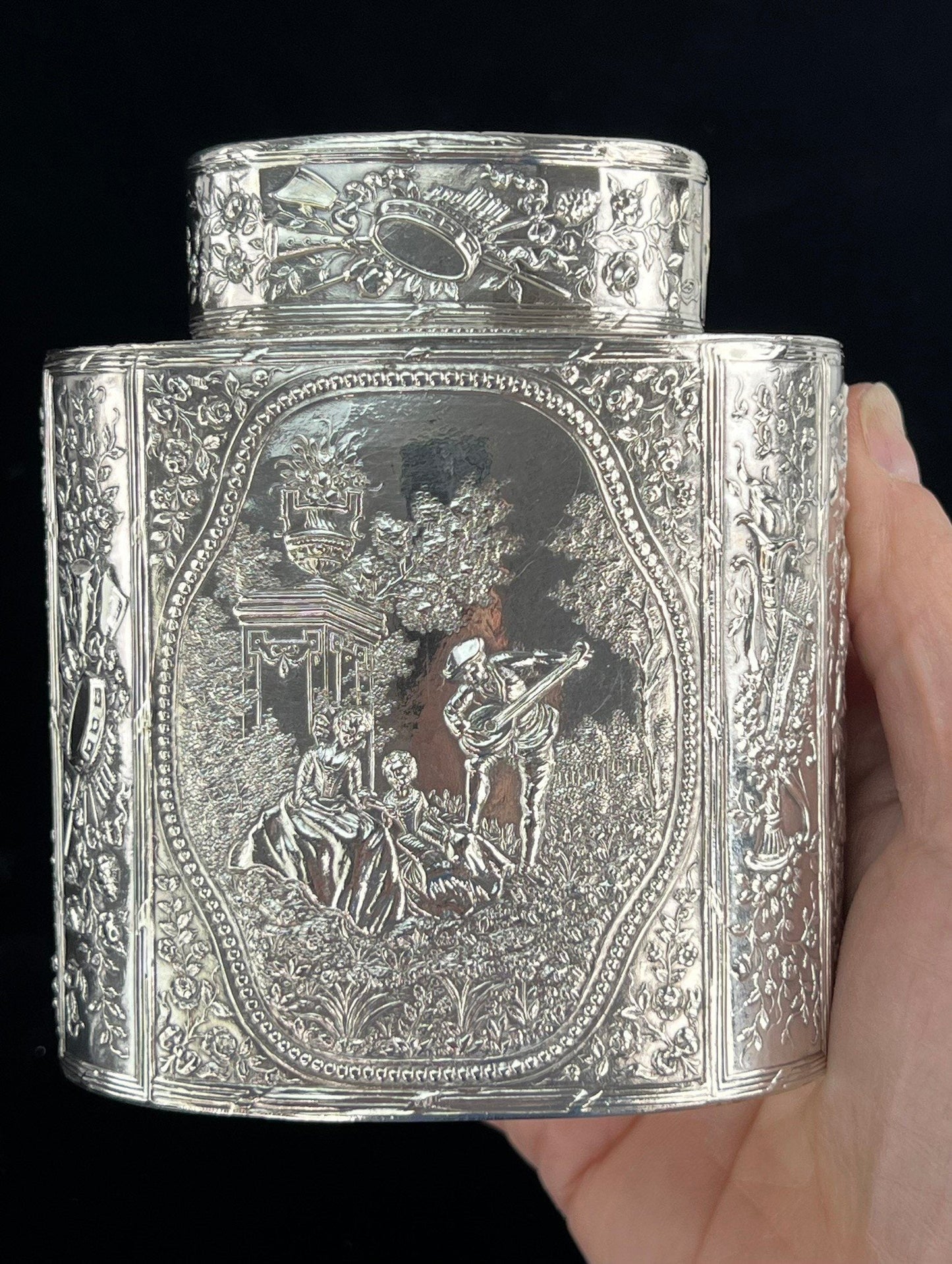 Ornate Late 1800s Hanau German Genre Scene Chased Bottle Form Tea Caddy