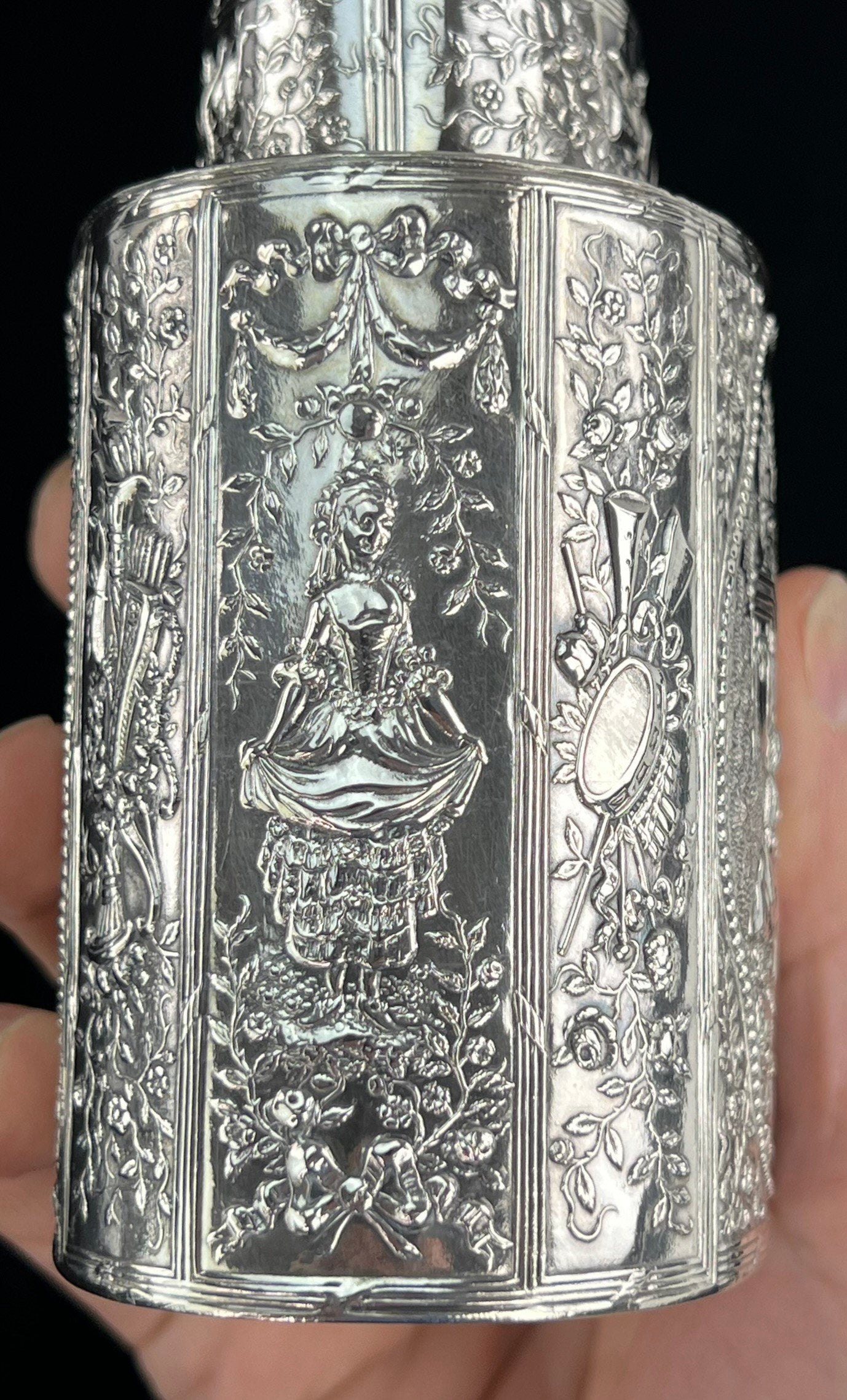 Ornate Late 1800s Hanau German Genre Scene Chased Bottle Form Tea Caddy