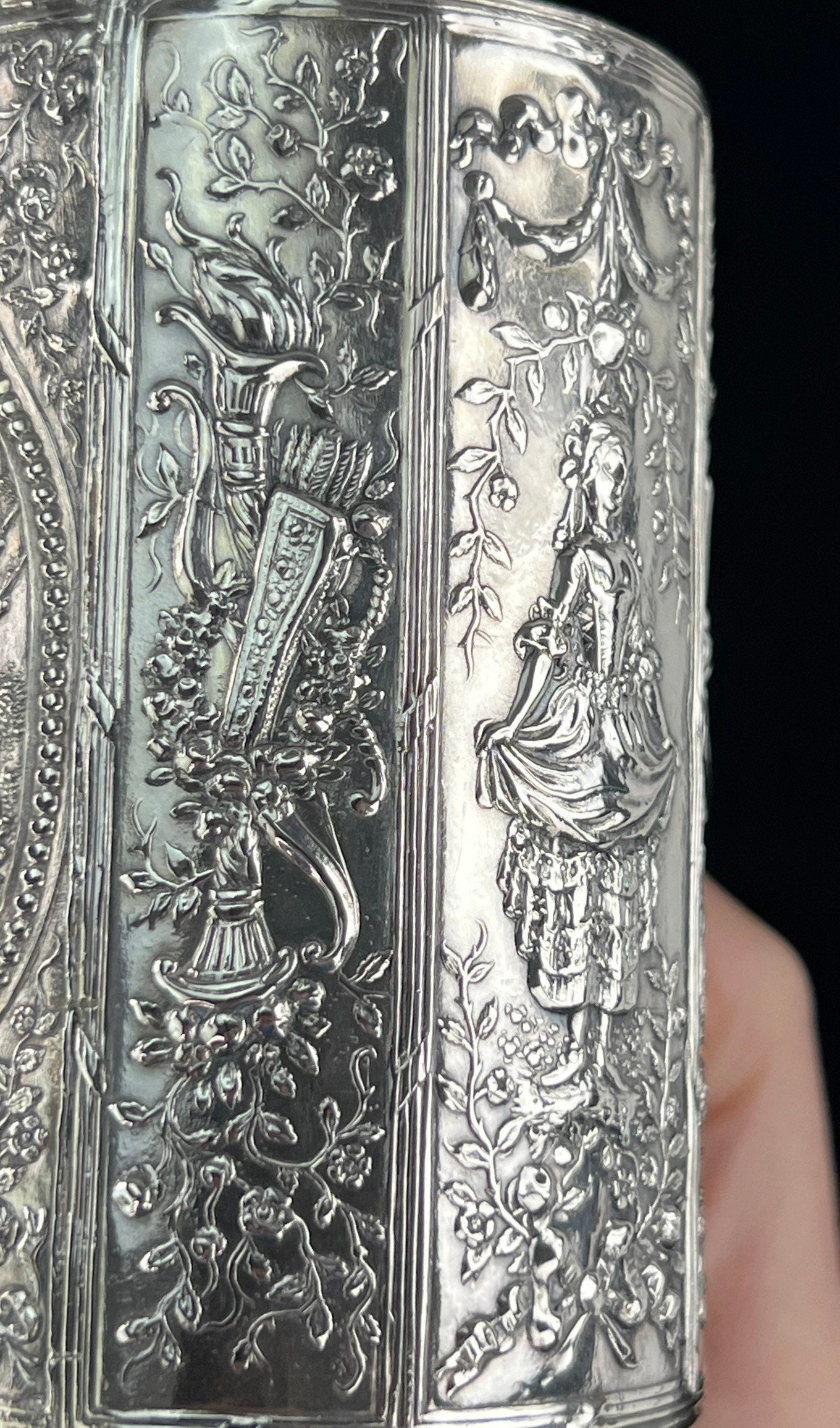 Ornate Late 1800s Hanau German Genre Scene Chased Bottle Form Tea Caddy