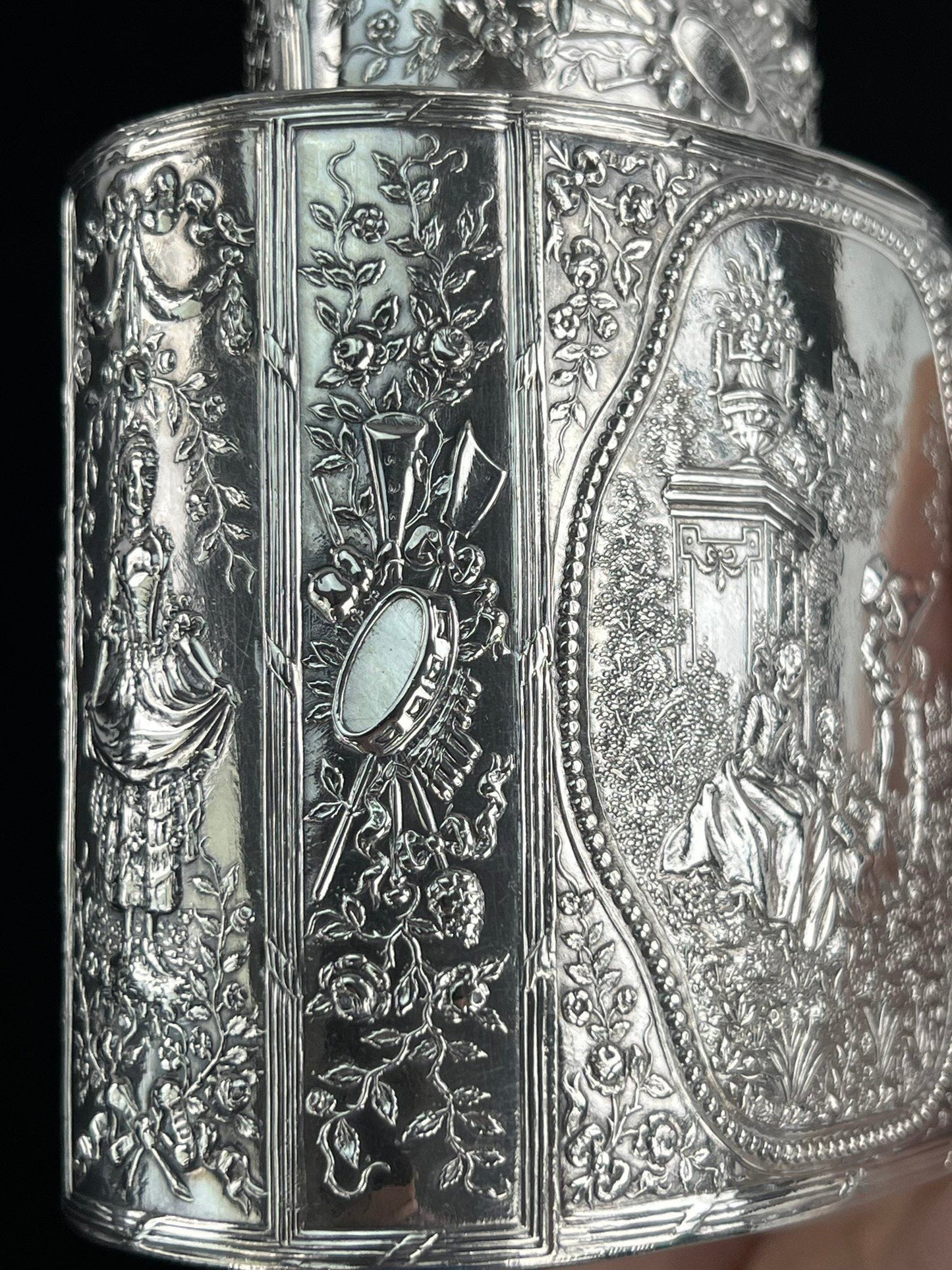 Ornate Late 1800s Hanau German Genre Scene Chased Bottle Form Tea Caddy