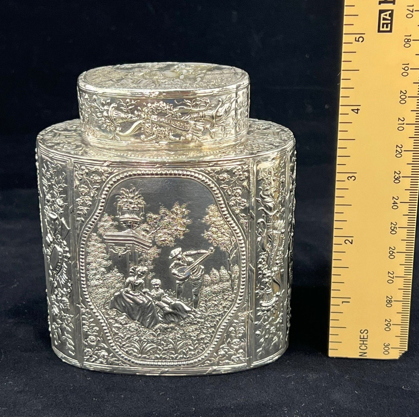 Ornate Late 1800s Hanau German Genre Scene Chased Bottle Form Tea Caddy