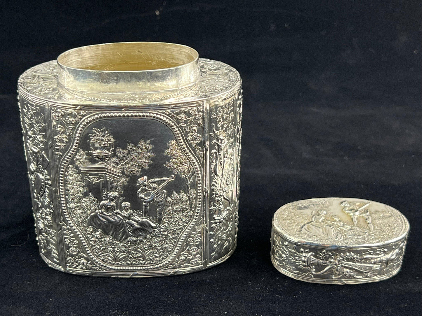 Ornate Late 1800s Hanau German Genre Scene Chased Bottle Form Tea Caddy