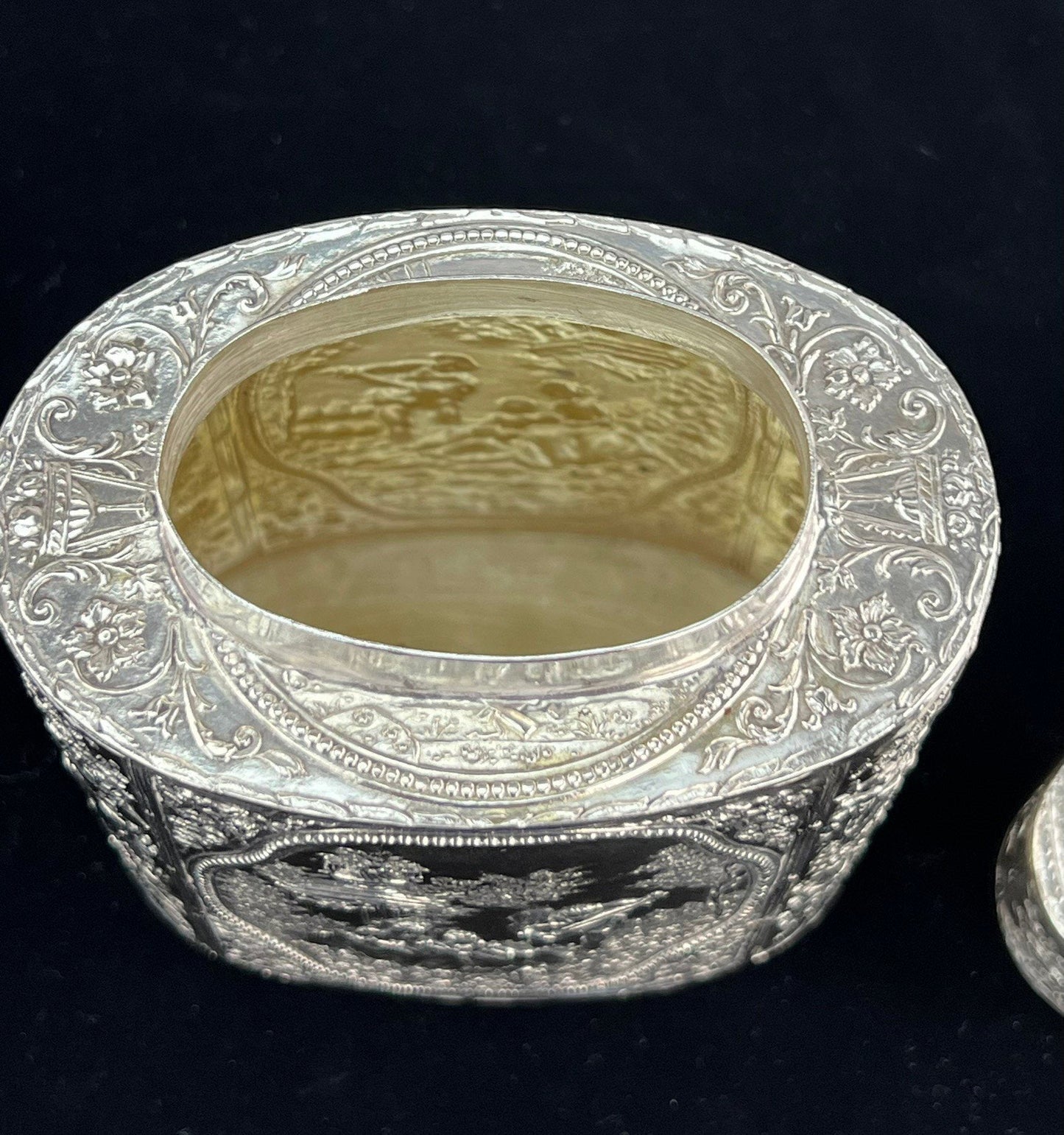 Ornate Late 1800s Hanau German Genre Scene Chased Bottle Form Tea Caddy