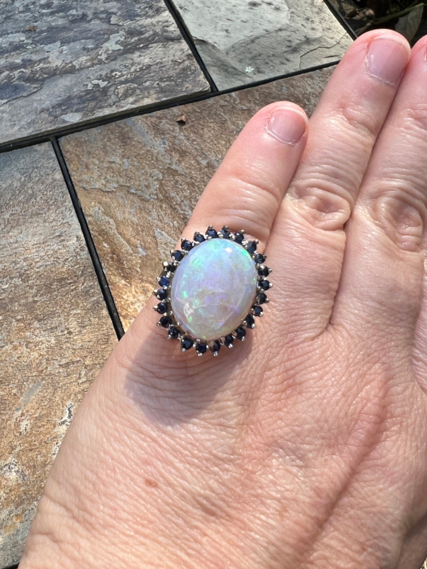 Stunning 14k White Gold Opal & Sapphire Ring Size 7