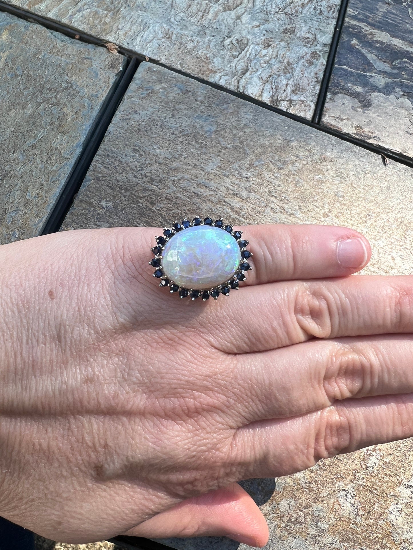 Stunning 14k White Gold Opal & Sapphire Ring Size 7