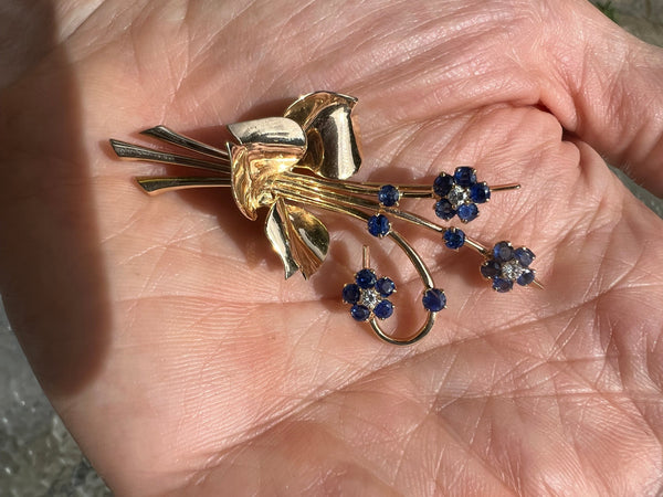 Fabulous Vintage 14k Yellow Gold Diamond and Sapphire Floral Pin