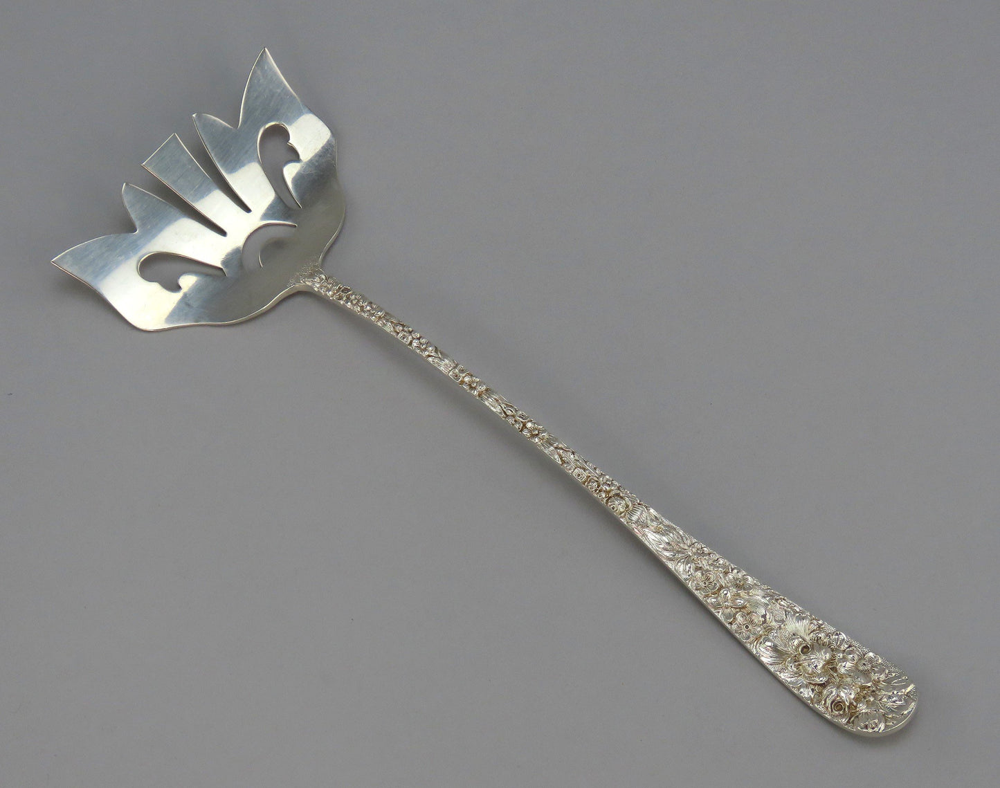 Rare Stieff Rose Sterling Silver Long Bacon Serving Fork M Mono 8 1/4 inches