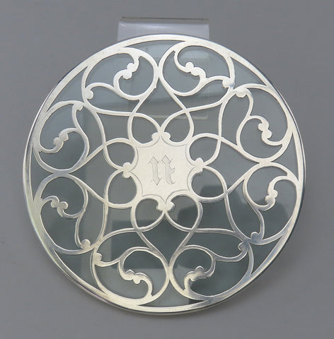 Excellent Antique Sterling Silver Overlay Glass Coaster Trivet 6" U Mono