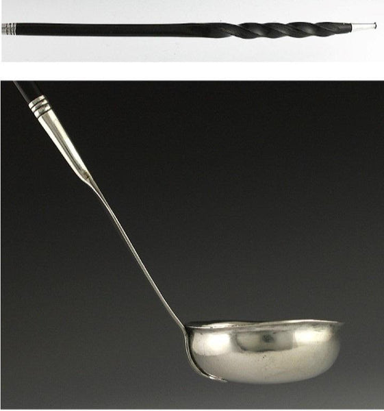 18th CENTURY ENGLISH STERLING SILVER COIN TWIST HANDLE TODDY LADLE