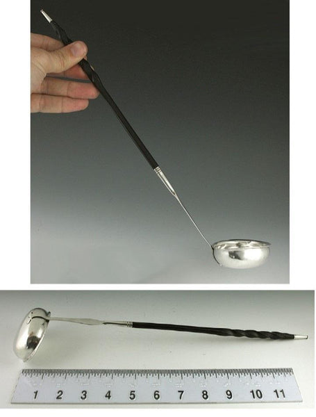 18th CENTURY ENGLISH STERLING SILVER COIN TWIST HANDLE TODDY LADLE