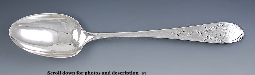 Antique c1799 Bright Cut American Coin Silver Serving Spoon 9"