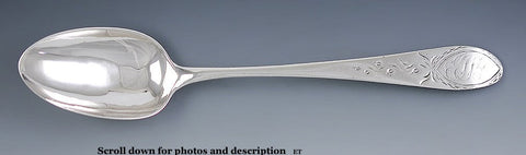 Antique c1799 Bright Cut American Coin Silver Serving Spoon 9"