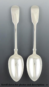 1844 Great Pair Victorian English Sterling Silver Fiddle Serving/Soup Spoons