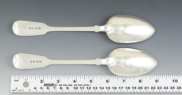 1844 Great Pair Victorian English Sterling Silver Fiddle Serving/Soup Spoons