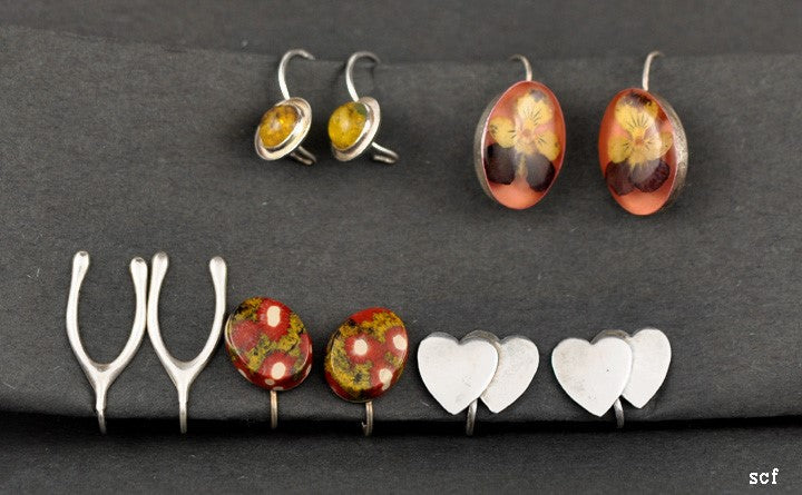 5 Pairs Sterling Earrings Amber Sweethearts Wishbones