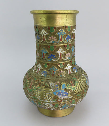 c1890 Large Chinese Brass Champlevé Vase Phoenix Birds Multi Color 12" Tall