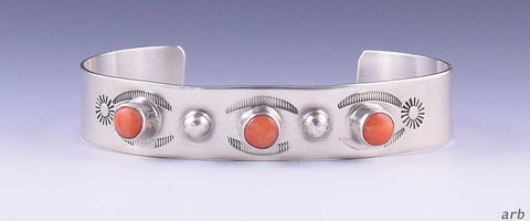 Shining Vintage Sterling Silver Cuff Bracelet w/ Red Coral and Punch Marks