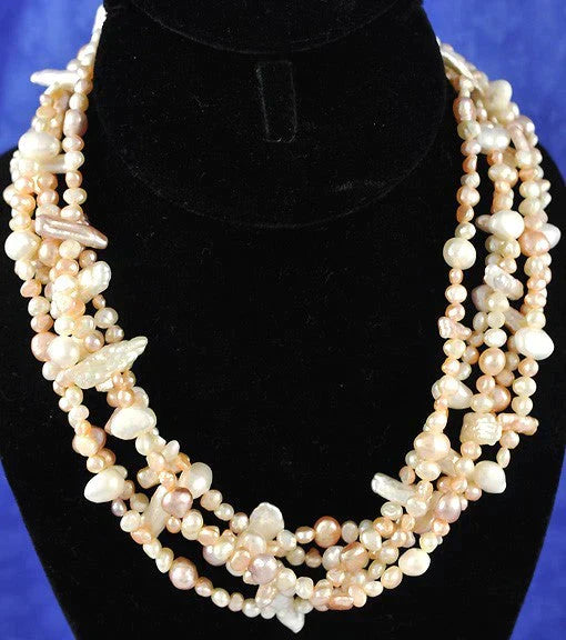 Multi-Stranded Genuine Pink/White/Cream Pearl Necklace
