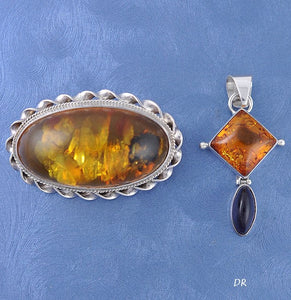 2 Sterling Honey Amber Amethyst Pin Brooch and Pendant Polish