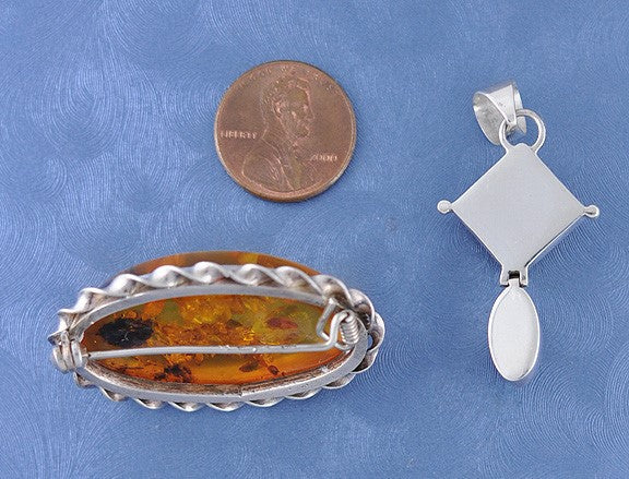 2 Sterling Honey Amber Amethyst Pin Brooch and Pendant Polish