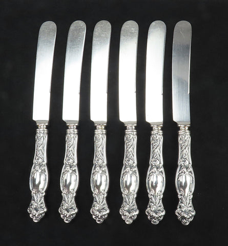 Fine Set 6 International Sterling Silver Frontenac Art Nouveau 9" Knives No Mono