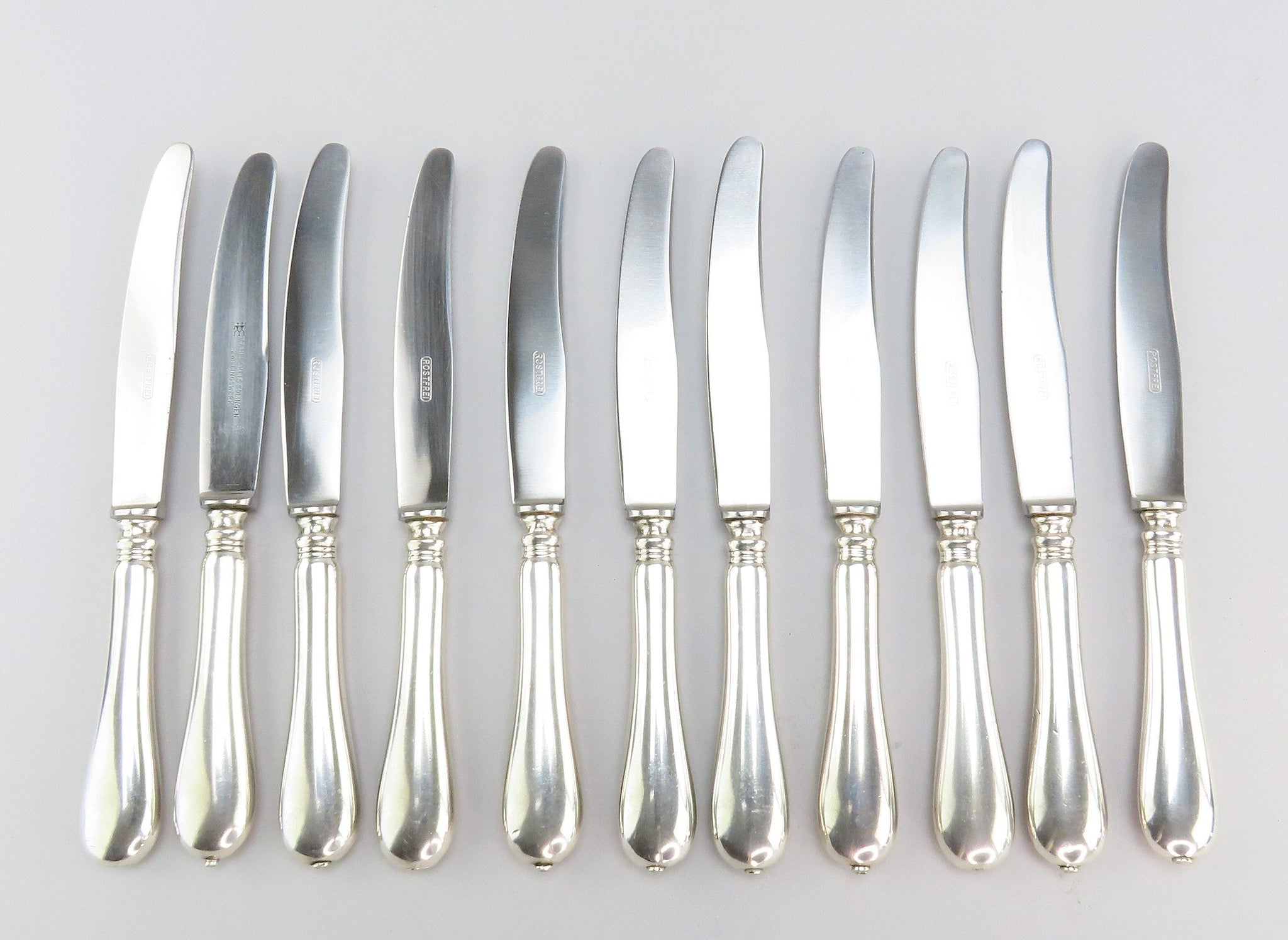 Excellent Set 11 Antique Austrian 800 Silver Handle Luncheon Knives 8 5/8"