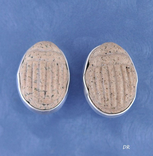 Sterling Carved Stone Scarab Beetle Clip-On Earrings