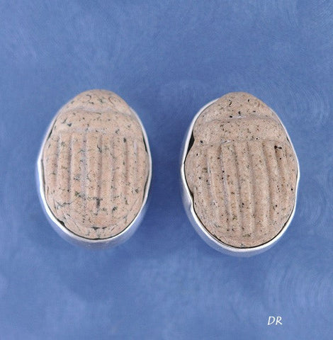 Sterling Carved Stone Scarab Beetle Clip-On Earrings