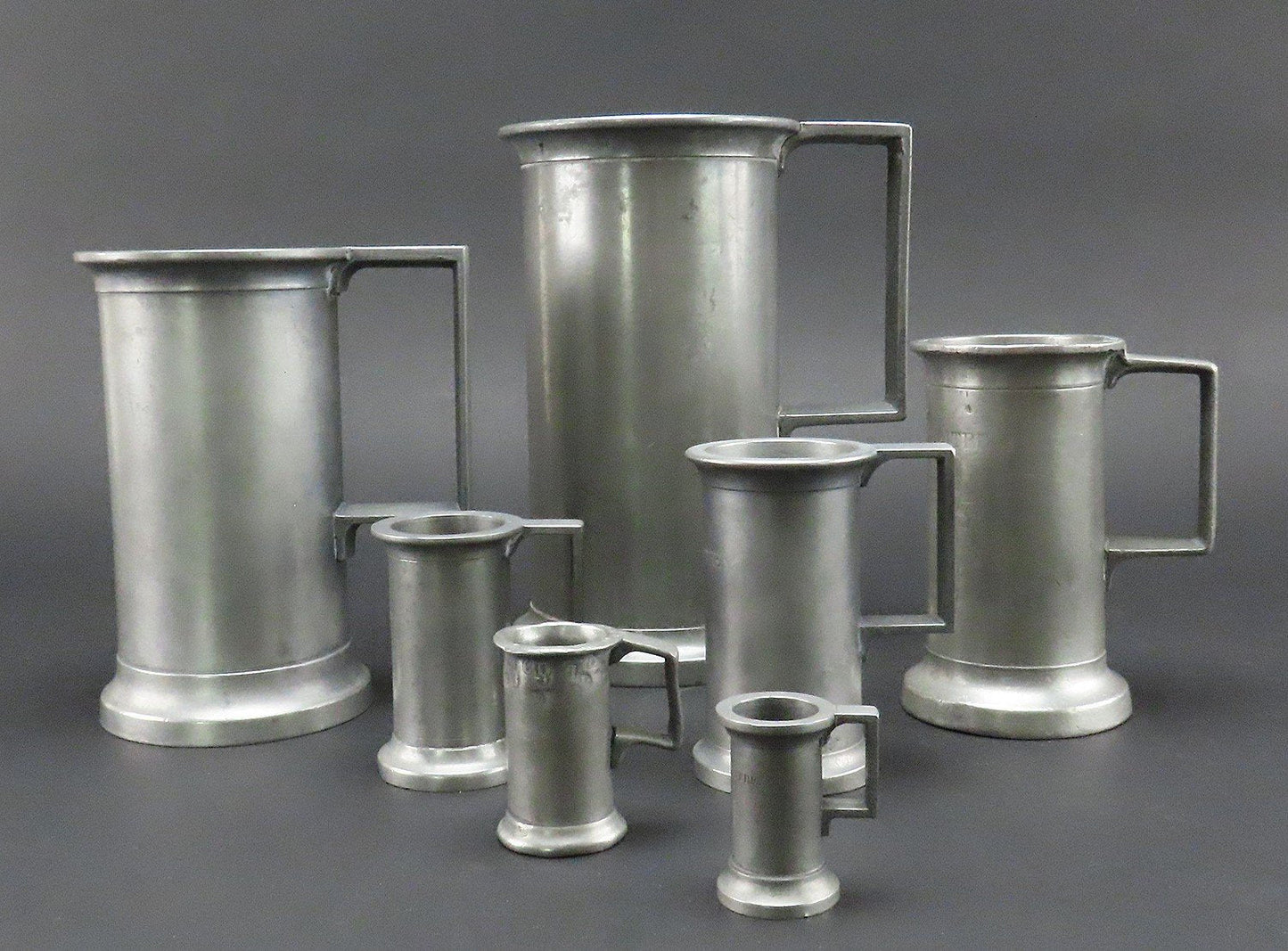 Great Set 7 Antique French Pewter Measuring Cups Tankards Liter to Centiliter