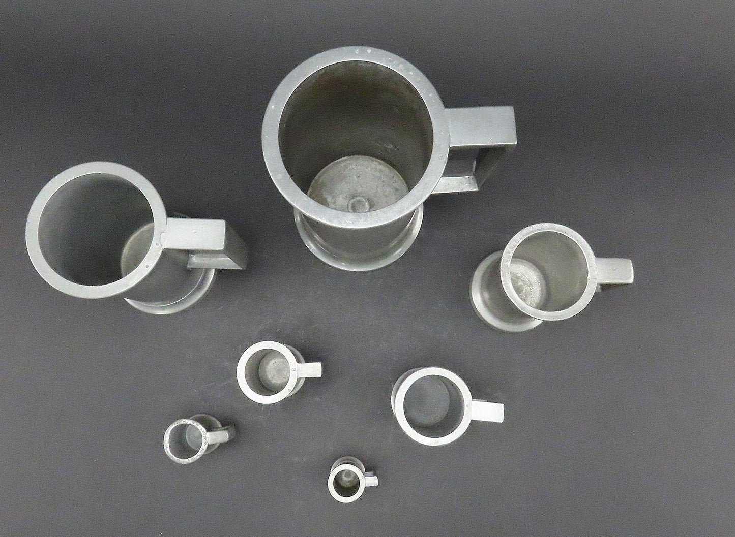 Great Set 7 Antique French Pewter Measuring Cups Tankards Liter to Centiliter