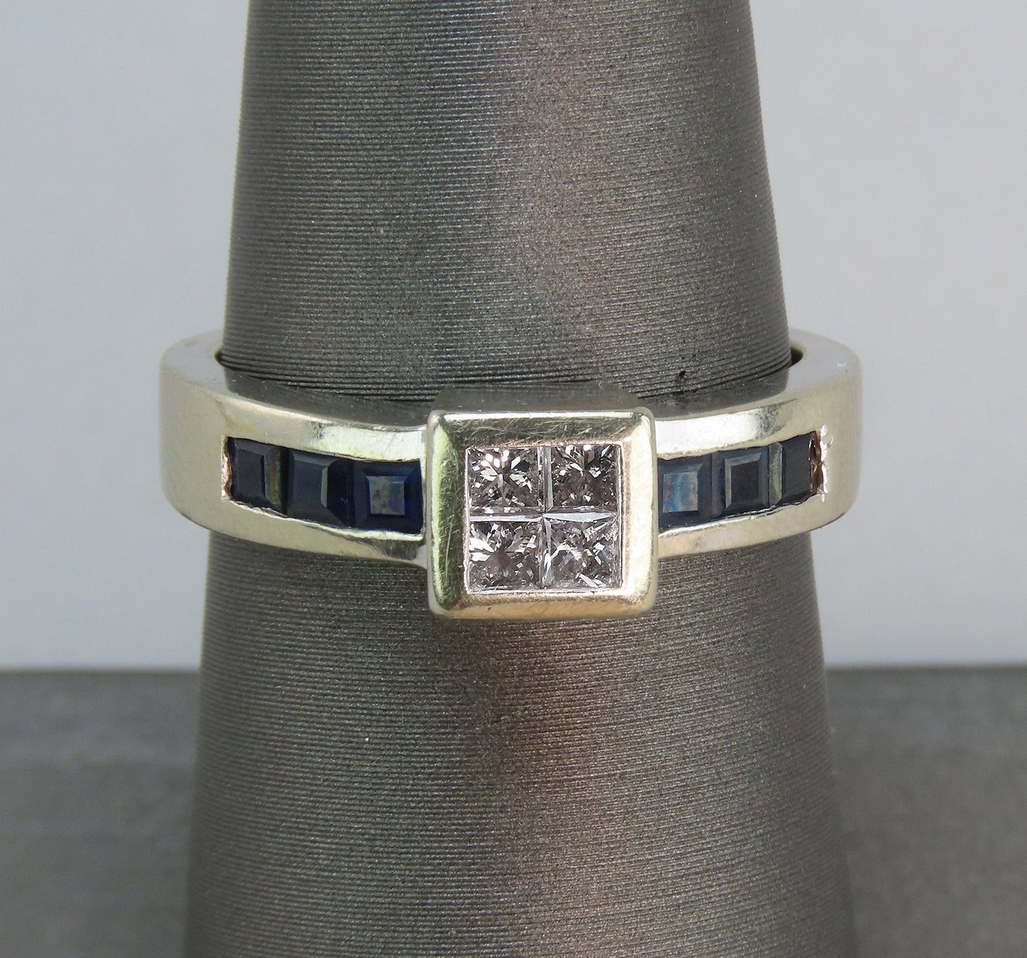 Stylish 14k White Gold 4 Radiant Cut Diamond and Sapphire Ring