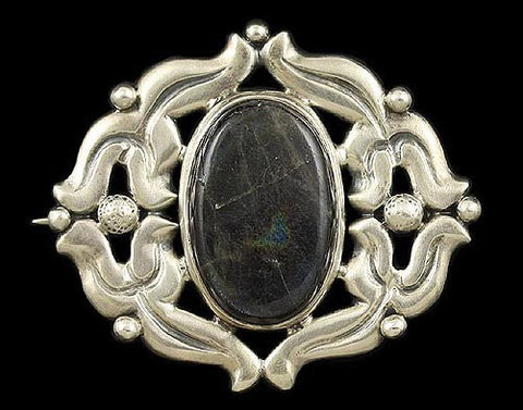 Lovely Arts Crafts Sterling Silver Iridescent Stone Pin Brooch