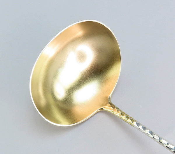 Gorgeous Large American Sterling Silver Hammered Soup Punch Ladle Gilded Bowl