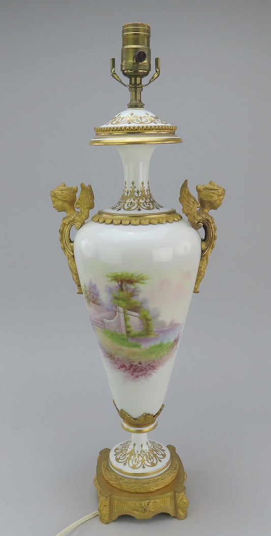 Stunning c1905 French Hand Painted Porcelain Ormolu Courting Scene Table Lamp