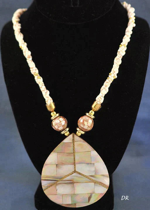 Mother of Pearl and Abalone Shell Necklace w/ Large Teardrop Pendant